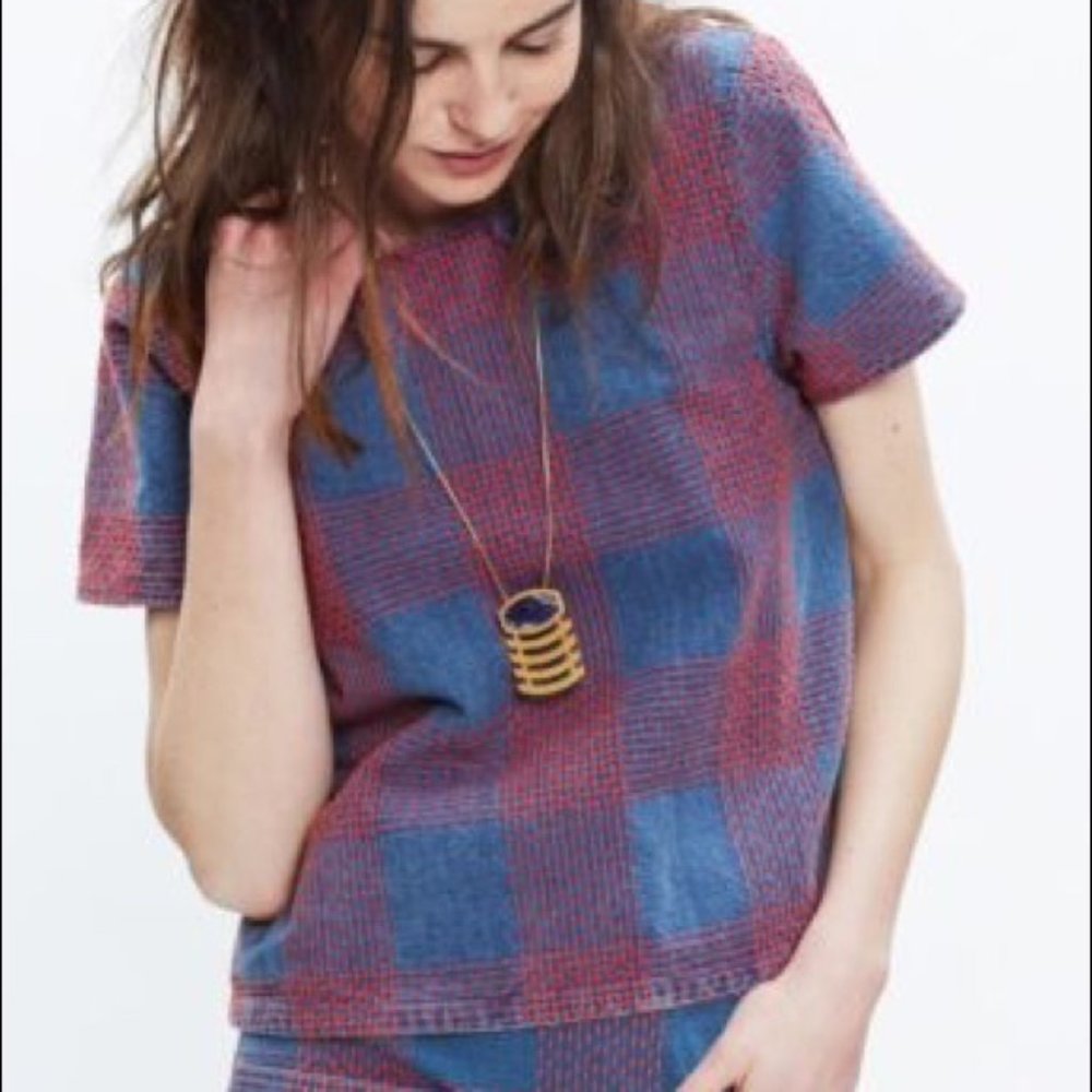madewell japanese denim top with red embroidery